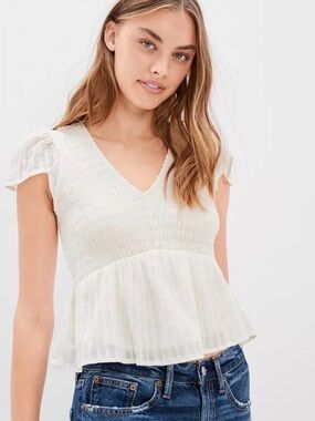 American Eagle Outfitters Cream Smocked V-Neck Peplum Blouse